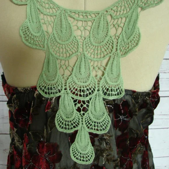 Floral Velvet Burn Out Burgundy Green Lace Dress L - Picture 9 of 16
